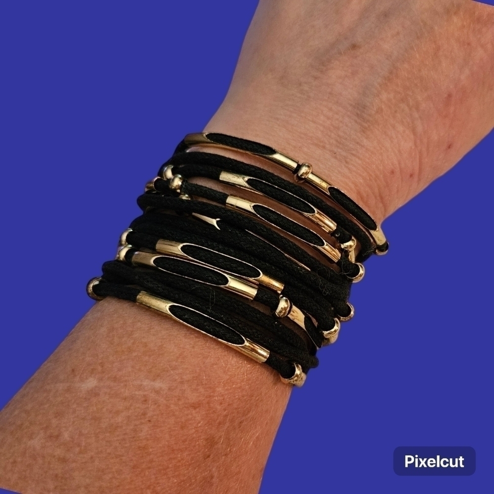 Black Layered Cord Tube Bead Magnetic Clasp Wide Moto Bracelet